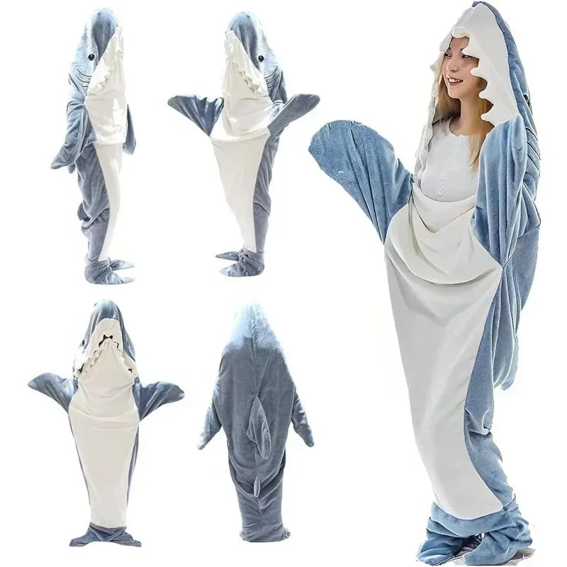 Cute Shark Blanket Plaid Sleeping Bag Women Pajamas Fabric Nightrobe Shark Blanket Gown Adult Homewear Nightgown Comfy Bathrobe