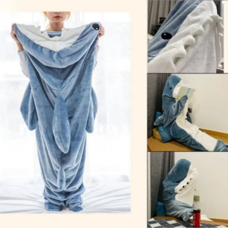 Cute Shark Blanket Plaid Sleeping Bag Women Pajamas Fabric Nightrobe Shark Blanket Gown Adult Homewear Nightgown Comfy Bathrobe