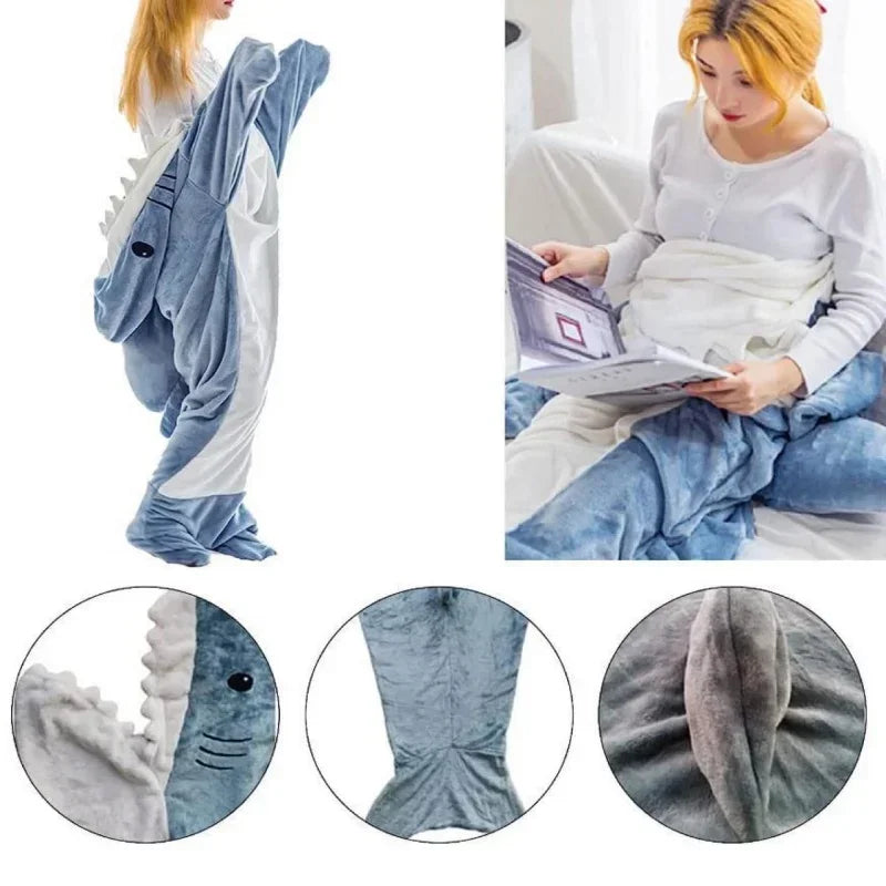 Cute Shark Blanket Plaid Sleeping Bag Women Pajamas Fabric Nightrobe Shark Blanket Gown Adult Homewear Nightgown Comfy Bathrobe