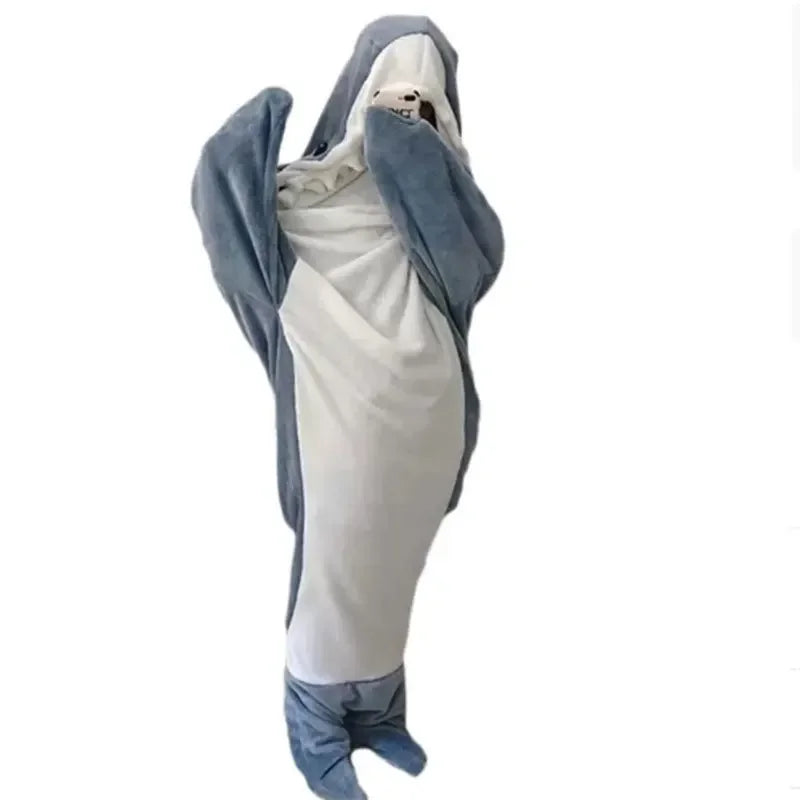 Cute Shark Blanket Plaid Sleeping Bag Women Pajamas Fabric Nightrobe Shark Blanket Gown Adult Homewear Nightgown Comfy Bathrobe